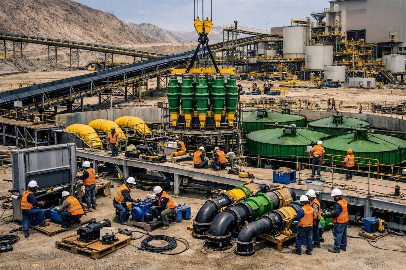 Equipo de montaje instalando batería de hidrociclones y bombas en planta minera